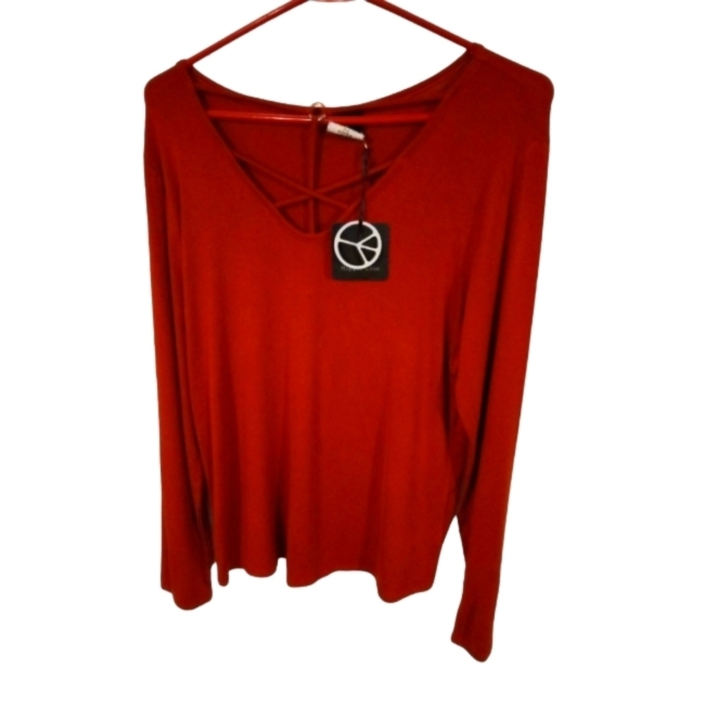 Hippie Chic Long Sleeve Tee Burnt Orange w. Crisscross Neckline BoHo 70's Vibe L